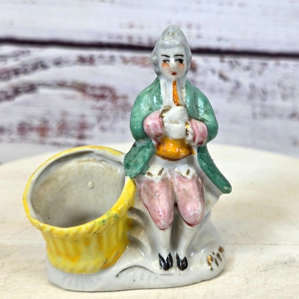 Antique Occupied Japan Hand-Painted Ceramic Colonial Figurine Planter/Holder